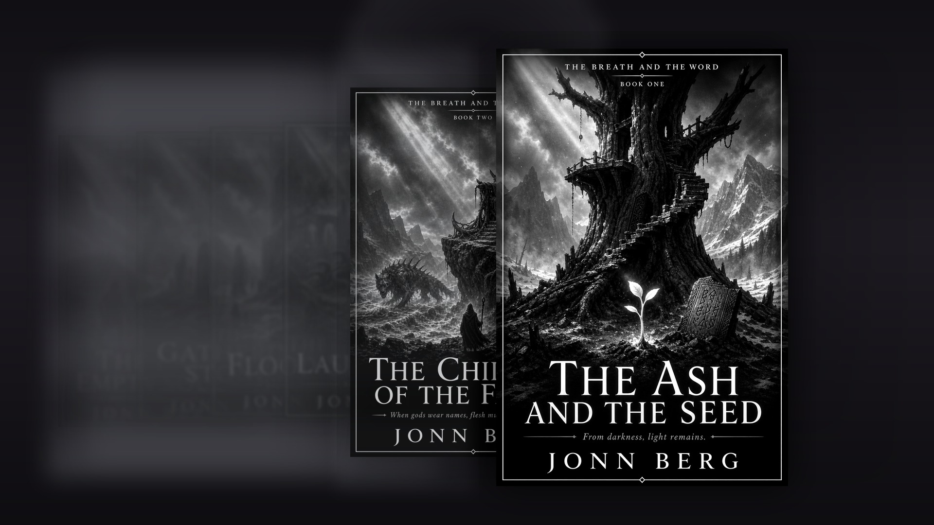 The Breath and the Word series covers — Book One emphasized, Book Two behind it, and Books Three through Six veiled in fog